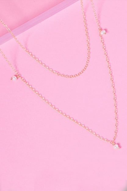 TIERED 14K DOUBLE CHAIN PEARL ACCENT NECKLACE