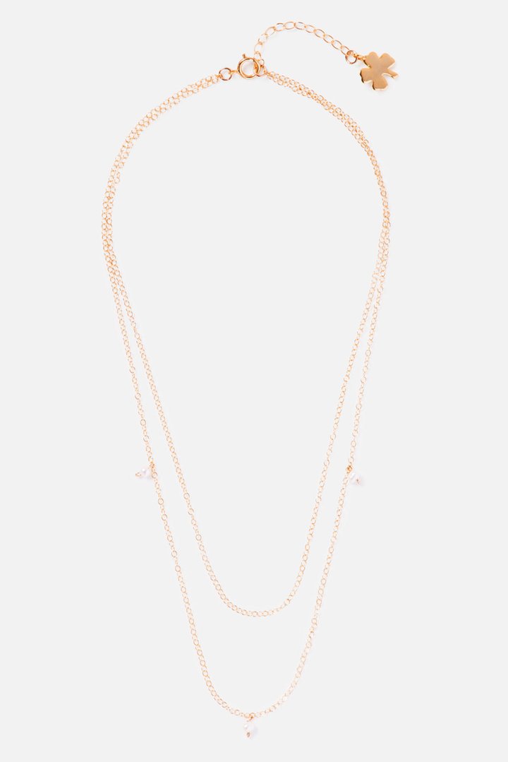 TIERED 14K DOUBLE CHAIN PEARL ACCENT NECKLACE