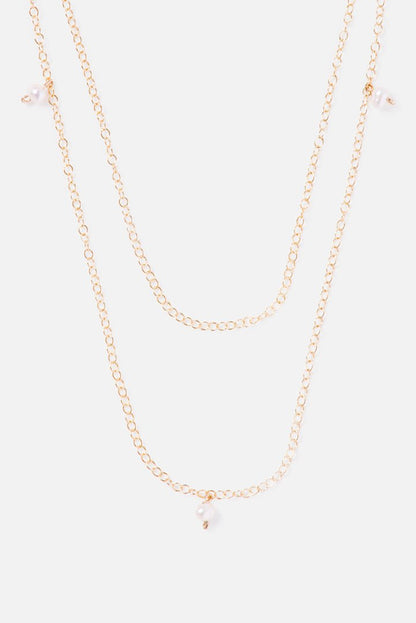 TIERED 14K DOUBLE CHAIN PEARL ACCENT NECKLACE